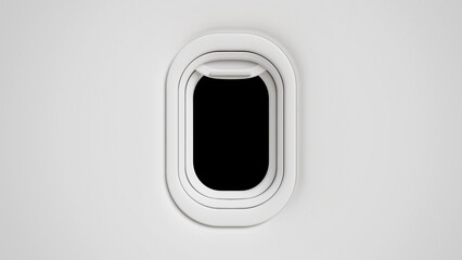 Airplane window on black background. Aircraft porthole view. Air travel, aviation, flight journey, travel, vacation, tourism. 3d render © DETHAL