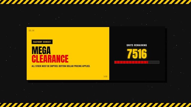 Heavy industrial 4K motion graphic stock asset featuring animated yellow and black hazard caution tapes, bold typography, floating warehouse dust particles, and an inventory depletion countdown.