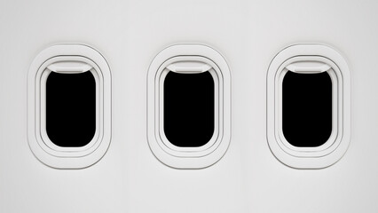 Three airplane windows on black background. Aircraft porthole view. Air travel, aviation, flight journey, travel, vacation, tourism. 3d render © DETHAL