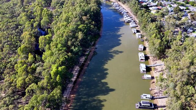 Houseboats on Murray river in Echuca historic town of Australia, Victoria regional landmark.