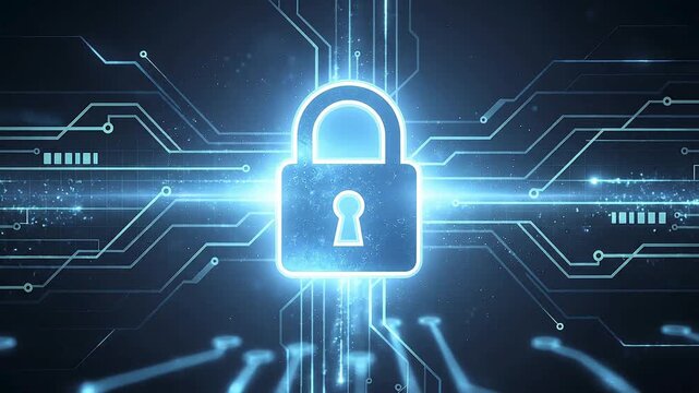 Futuristic digital padlock on glowing circuit network, cybersecurity data protection and online privacy, secure access and information security technology animation