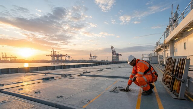 Cargo container lashing inspection - a deck inspector checking empty bay sockets
