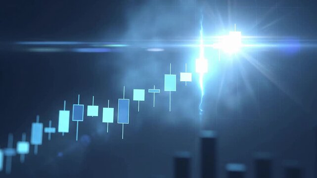 Rising stock market chart with glowing candlesticks, financial growth and bullish trading trend, digital investment concept with bright light animation