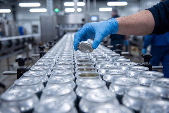 Close-Up of Factory Worker in Blue Nitrile Glove Placing Lid on Aluminum Beverage Can on Automated Conveyor Craft Brewery Canning Line Inspection