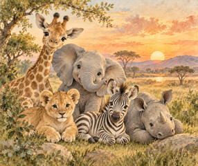 Obraz premium Baby African Safari Animals at Sunset Watercolor Nursery Illustration