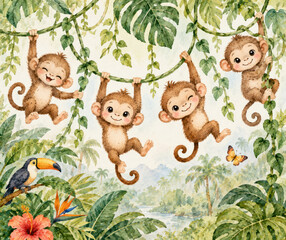 Obraz premium Cute Monkeys Playing on Jungle Vines Watercolor Nursery Illustration