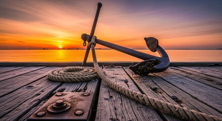 Obraz premium Metal anchor with coiled rope sitting on a wooden pier during a vibrant sunset