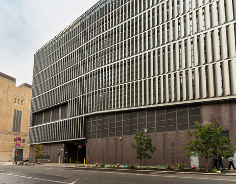 New York, NY - US - Sep 25, 2026 : New York, NY - US - Sep 25, 2026 : Manhattan Districts 1-2-5 Garage features vertical metal fins across the NYC Department of Sanitation facility in Hudson Square.