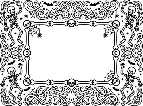 Decorative halloween border frame with dancing skeletons skulls spider webs bats and ornate swirl patterns for invitations