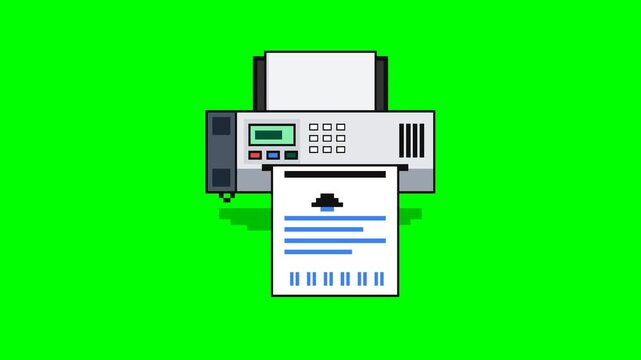 Pixel art animation of a fax machine mechanically printing a document slowly; the paper is cut and then falls. Optimized for 4K video rendering with a chroma green background.