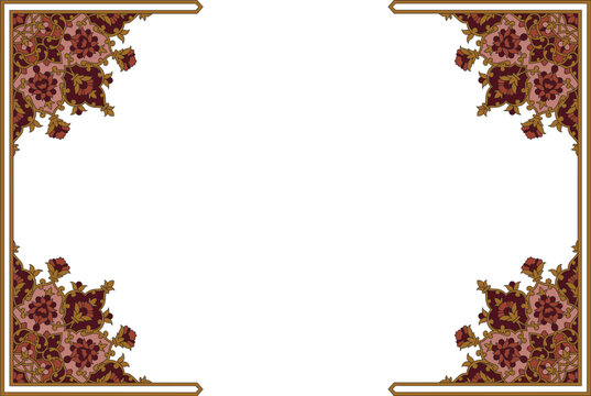 Traditional Islamic Tezhip Floral Corner Frame Border Design With Golden and Maroon Illumination Motifs