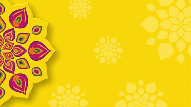 Vibrant Yellow Indian Festival Background with Colorful Mandala Pattern and Floral Accents for Diwali or Wedding Invitations