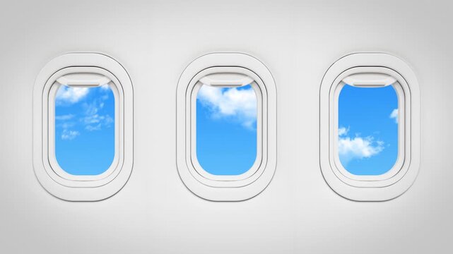 Three airplane windows opening and reveal blue sky with clouds. Aircraft porthole view. Flight journey, air travel, aviation, vacation, tourism. 3d video