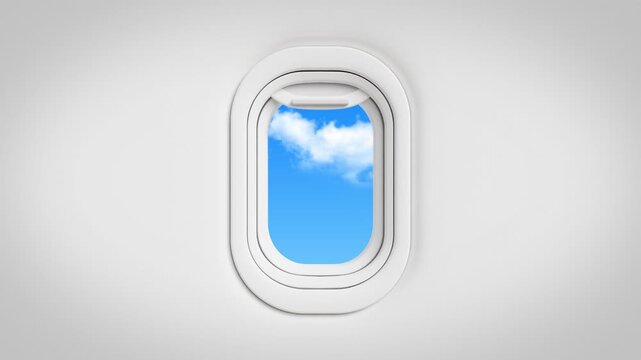 Airplane window opens and reveal blue sky with clouds. Aircraft porthole view opening. Flight journey, air travel, aviation, vacation, tourism. 3d video