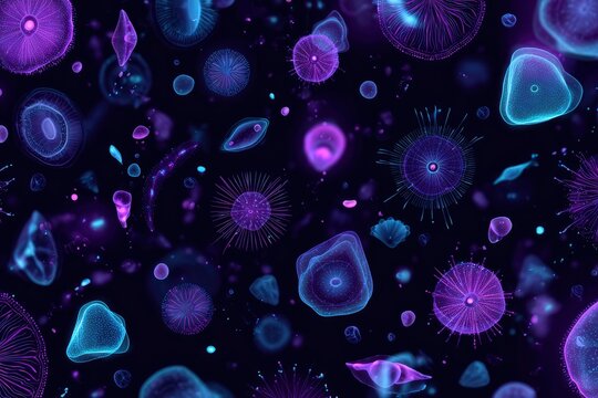 Bioluminescent Spores and Neon Particles Seamless Futuristic Pattern