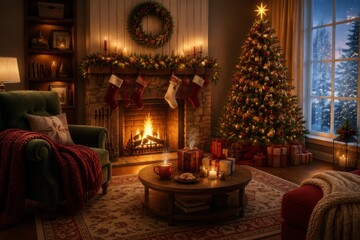 Obraz premium Cozy Christmas living room with tree, fireplace, stockings