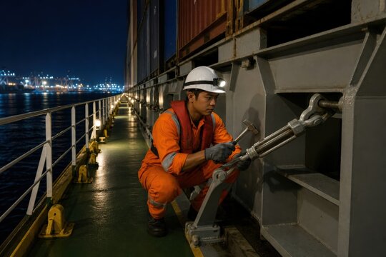Cargo container lashing inspection - a night rigger checking a lower deck turnbuckle