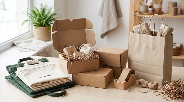 Eco-friendly craft cardboard packaging for small business, sustainable shipping boxes and paper bag, zero waste product delivery concept