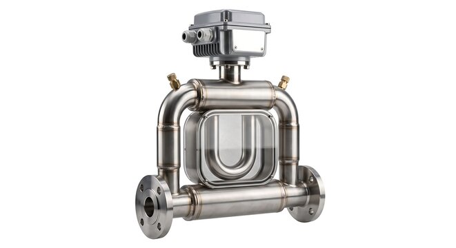 Industrial Coriolis Mass Flow Meter with Dual Sensor Tubes and Transmitter Isolated on White Background/ Industrial Coriolis Mass Flow Meter Sensor