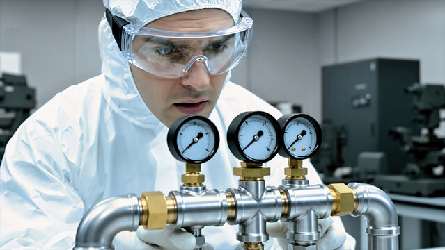 Technician in cleanroom suit inspecting pressure gauges and steel pipes. Focused man examining mechanical components for reverse engineering