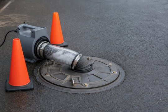 Sanitary sewer smoke testing - a protected manhole blower setup