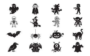 Obraz premium Halloween monster and spooky character silhouettes including witches ghosts zombies and skeletal figures.