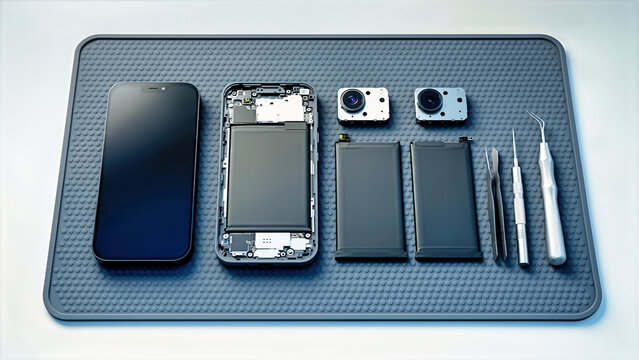 Top view of disassembled smartphone components on textured silicone mat. Precision device teardown and reverse engineering with metal repair tools