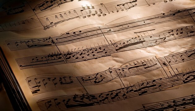 close up of aged sheet music highlighting flowing musical notes and textured paper