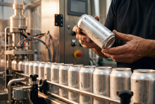 Close-Up of Factory Worker Inspecting Aluminum Beverage Can on Automated Conveyor Packaging Line in Beverage Production Plant Craft Brewery Canning Line Inspection