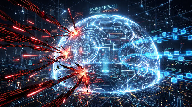 Digital cybersecurity showing a glowing blue energy shield deflecting red laser-like data attacks, with hud interface and floating data cubes in a dark cyberspace environment