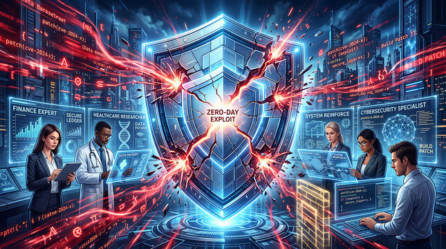 Digital shield under attack by red energy beams with text zero-day exploit, surrounded by professionals working on holographic data screens in a futuristic cyber security command center