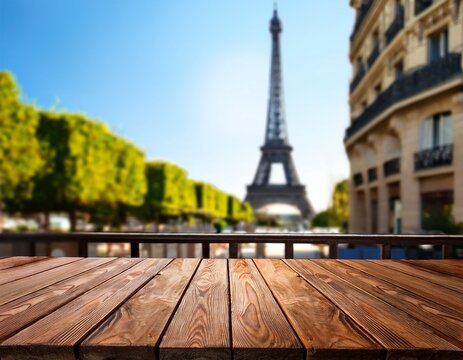 outdoor table at a coffee in paris with eiffel tour on background empty wooden table for packshot and studio street food eating outside at a restaurant