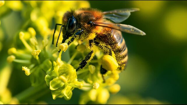 A honey bee collects pollen from small yellow flowers in a garden. The insect moves between blossoms, actively foraging.