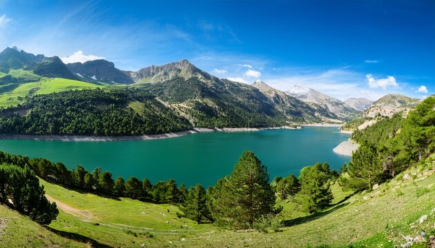 panoramic view of the eriste reservoir surrounded by green forests benasque valley pyrenees huesca aragon spain