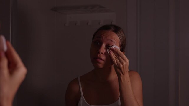 Young woman removing makeup with a cotton pad and micellar water, gently wiping her eyelid in the mirror