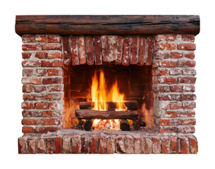 Obraz premium PNG Rustic brick fireplace with glowing flames and wooden mantel