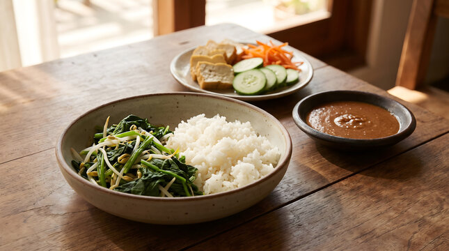 A basic Indonesian dish featuring rice, fresh vegetables, tofu, and peanut sauce on a rustic wooden table
