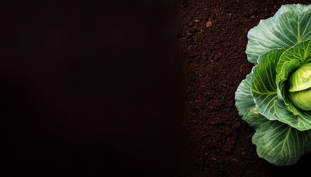 soil background top view with cabbage plant on the right side