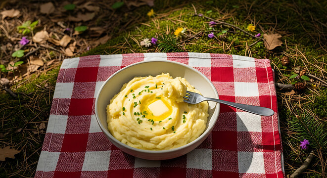 A bowl of creamy mashed potatoes with melting butter on a red checkered cloth