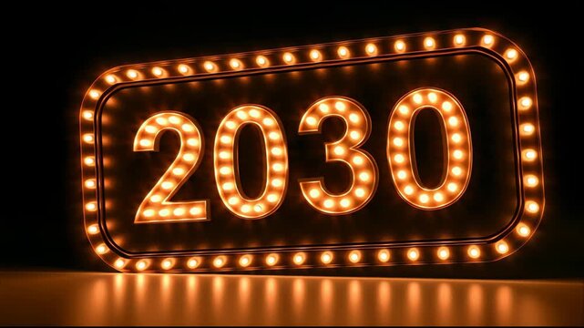 The display features the number 2030 lit up in bright lights with variations in layout and prominence, creating an eye-catching effect.