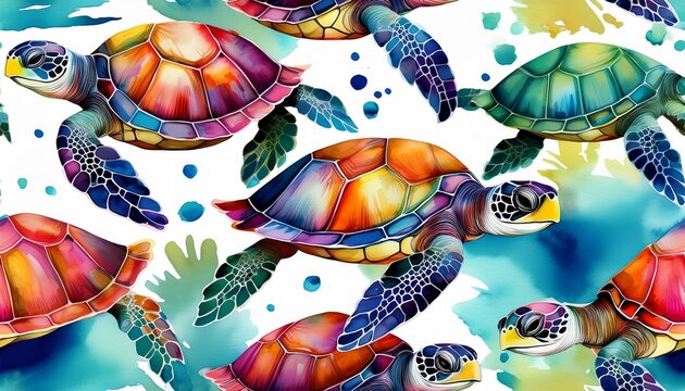 watercolor seamless pattern of colorful sea turtles swimming gracefully