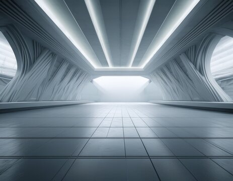 3d render of abstract futuristic architecture with empty concrete floor product and car presentation background copy space geometric structure design
