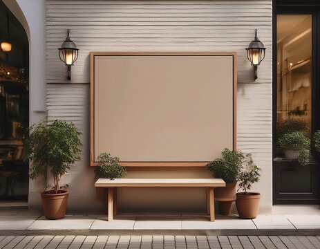 generative ai coffee shop street signboard mock up for logo design brand presentation aesthetic muted neutral colors on the wall outdoor