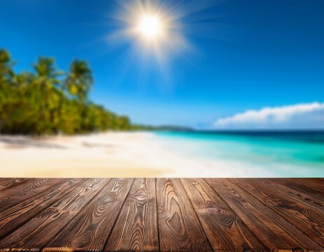 empty dark wood table overlooking a sun drenched blurred tropical beach an ideal paradise background for summer product displays vacation mockups travel promotions