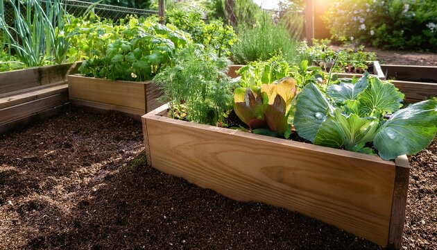 fresh organic garden herbs and vegetables in raised bed