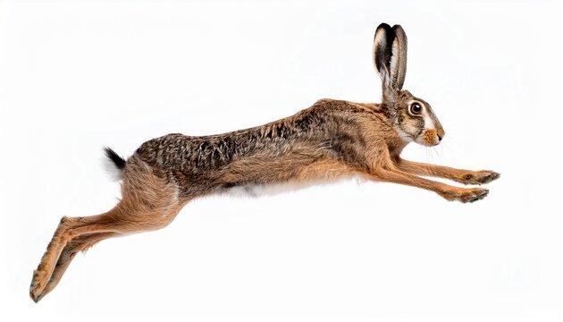 profile of a european hare jumping in mid air isolated on white background
