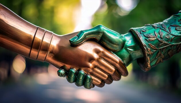 bronze handshake sculpture close up symbolizing global peace rich green patina with golden luster cinematic lighting blurred background ideal for ngo csr and diplomatic campaign materials
