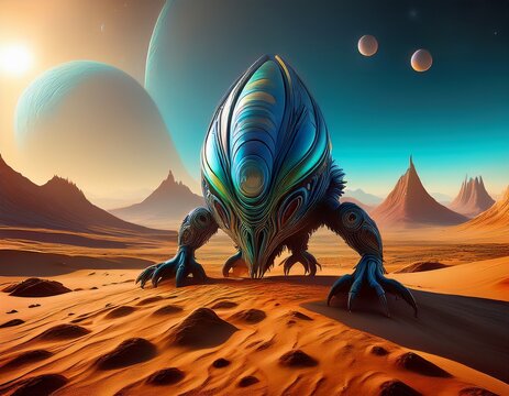 abstract desert alien planet with an et creature concept art of a deserted world with a monster inhabitant