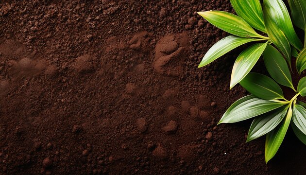 soil background top view with leafy plant on the right side