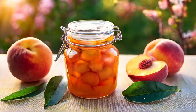 peach jam in a glass jar fruits homemade jam garden background farm organic product breakfast peaches fruits and nature leaves and flowers